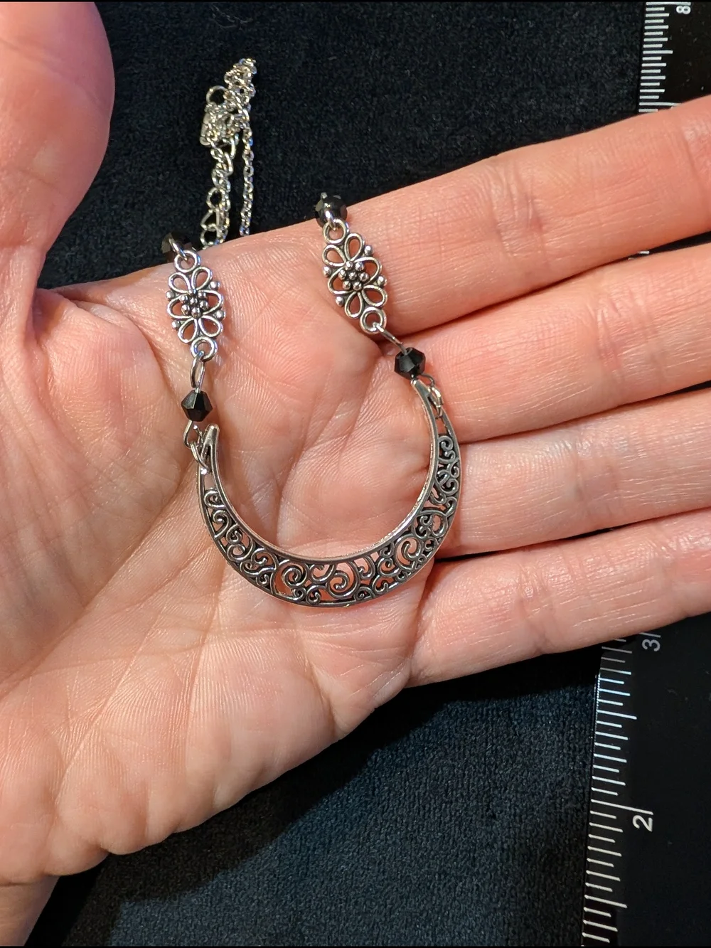 Silver Tone Filigree Crescent Pendant Necklace with Black Accents
